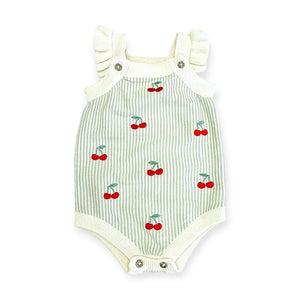 Cherry Stripe Embroidered Baby Ruffle Romper Set (Organic)