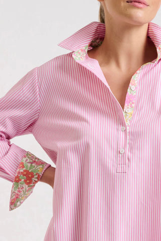 The Claire Popover Shirtdress - Pink Stripe/Floral Trim