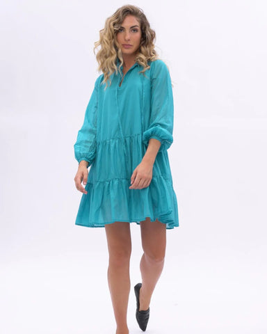Image of Ruffled Neck Turquoise Dress