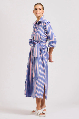 Image of The Luna Oversized Linen Long Shirtdress - Chambray Pink Stripe