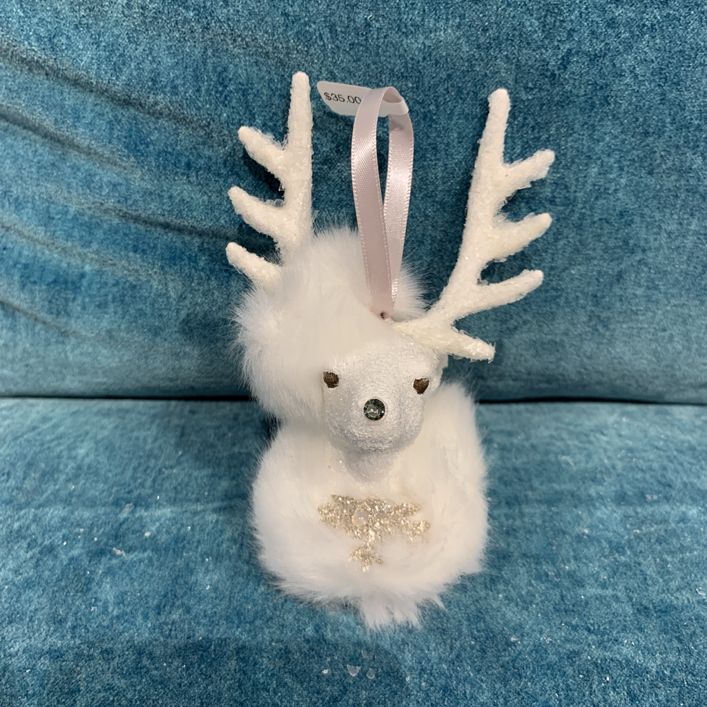 Stag Head Ornament with White Snow Fur
