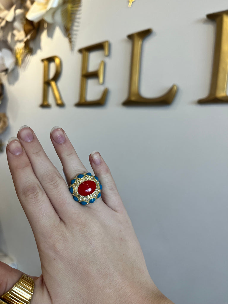 Gold Ring with Blue and Red Stones