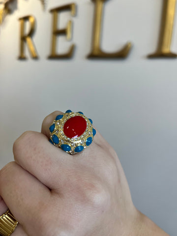 Image of Gold Ring with Blue and Red Stones