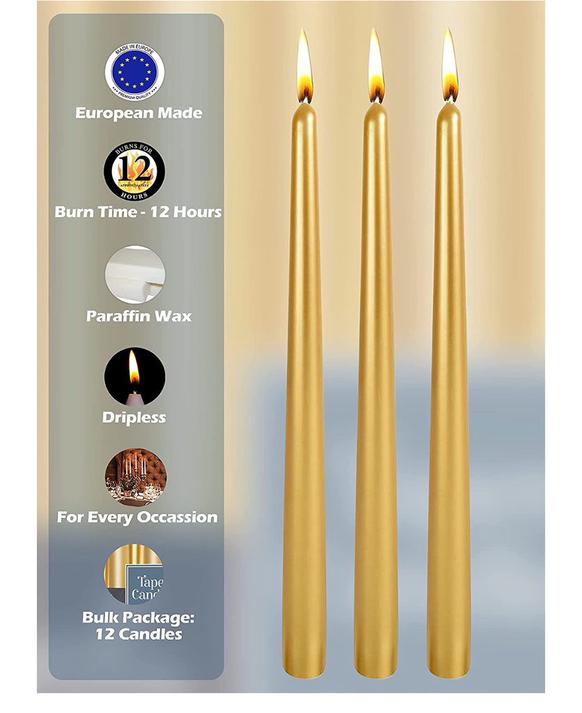 12'' Metallic Gold Taper Candle 12 PACK