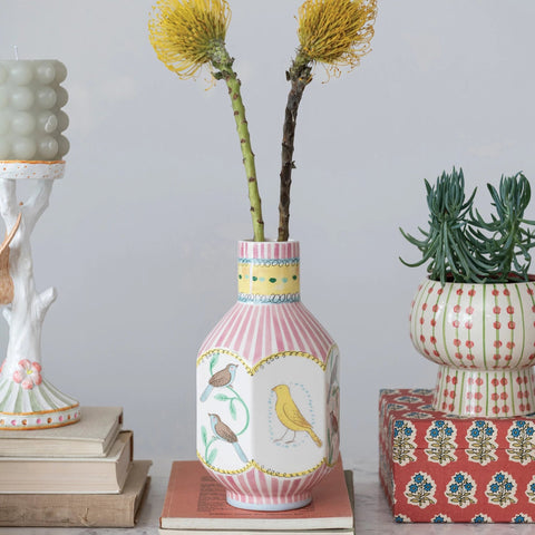 Image of Pink/Yellow Ceramic Vase w/ Birds