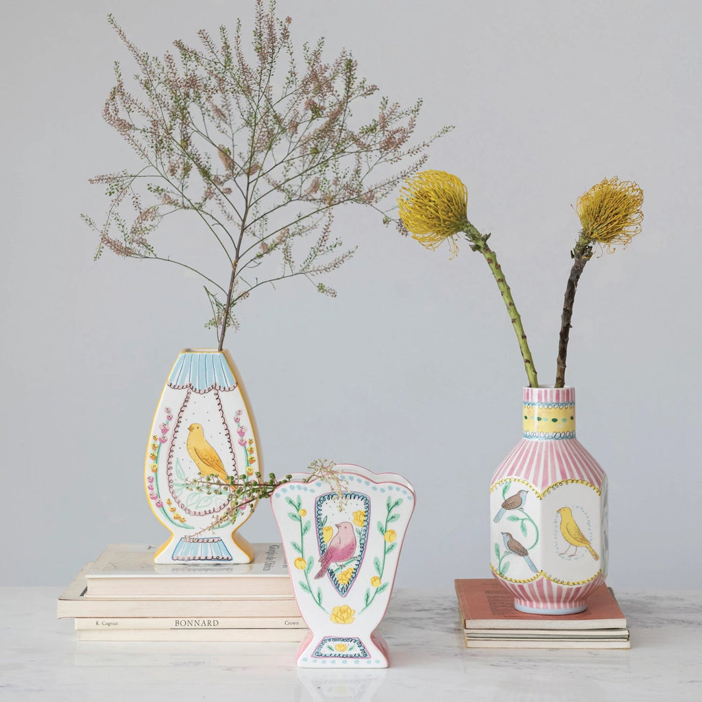 Pink/Yellow Ceramic Vase w/ Birds